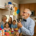Assistive devices for seniors in action as an elderly man uses a grabber tool to retrieve a hidden birthday gift from a high cupboard, surrounded by smiling family in a cozy, well-lit kitchen.
