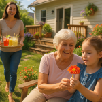 Multigenerational home family moment in backyard garden with grandmother, mother, and young child enjoying a sunny summer day.