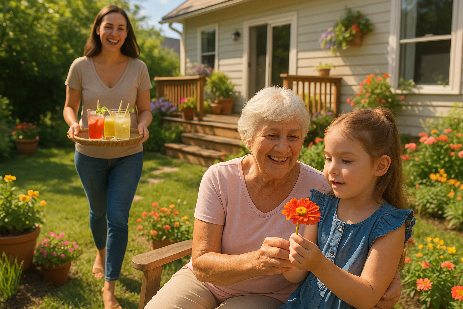 Multigenerational home family moment in backyard garden with grandmother, mother, and young child enjoying a sunny summer day.