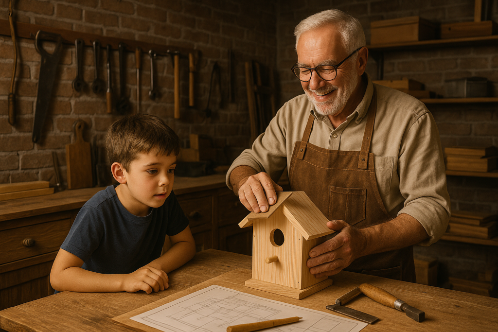 Multi generational home moment with grandfather and young grandson building a wooden birdhouse together in a basement workshop.