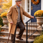 How to prevent falls at home for seniors—elderly man using railing and cane while climbing front porch steps safely