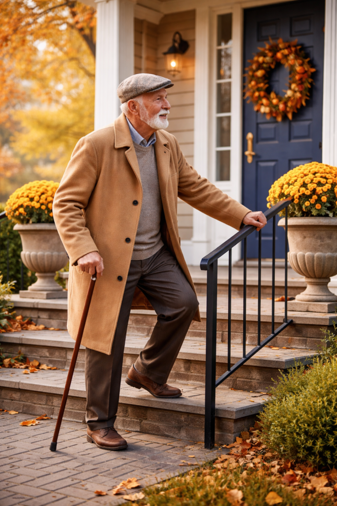 How to prevent falls at home for seniors—elderly man using railing and cane while climbing front porch steps safely