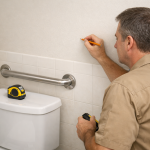 Grab bars for toilet being installed in a senior’s bathroom as a handyman carefully marks the wall for added safety